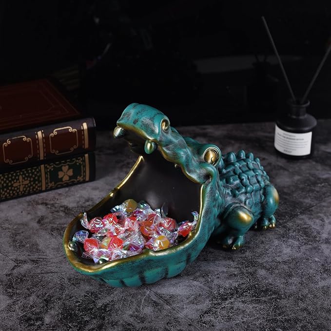 Alligator Statue Key Bowl, Fun Animal Statue Candy Dish for Entryway Decorative Bowl, Office Candy Dish, Big Mouth Sculpture Home Living Room Trinket Container Storage Box (Green)