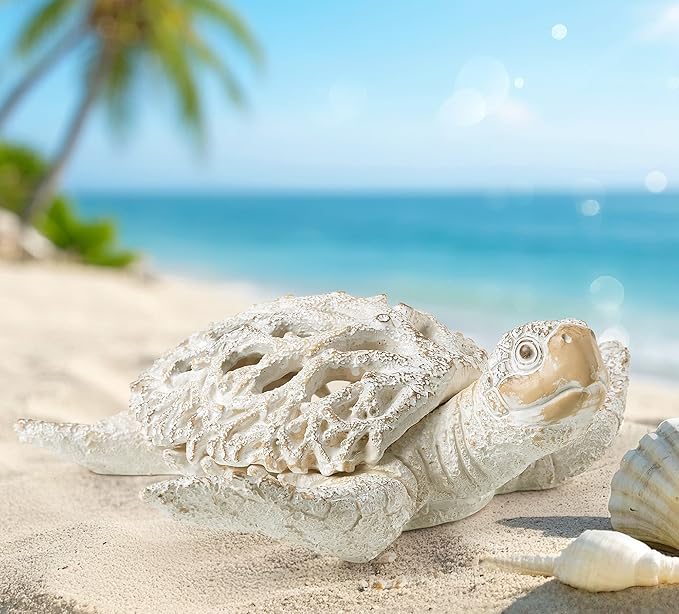 VVGIFTS Ocean Decor White Sea Turtle Coral Reef Home Office Decor Sculpture Beach Coastal Tabletop Shelf Collection (White)