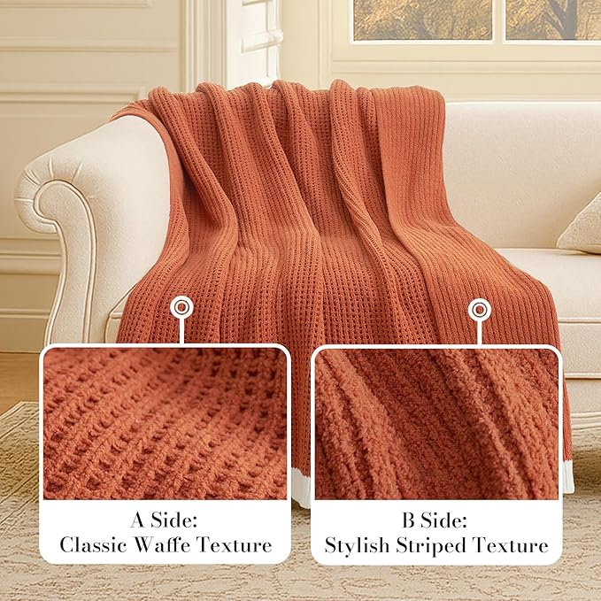 Amélie Home Waffle Throw Blanket for Couch, Soft Cozy Chenille Knit Blanket Warm Decorative Throw for Sofa, 50"x60", Burnt Orange