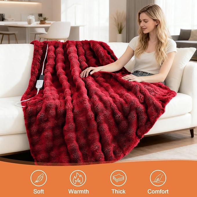 Heated Blanket Electric Throw Blanket 84''X 90''-Heating Blanket with 6 Heat Settings-4/10 Hours Auto Off,Cozy Faux Rabbit Fur Bubble Electric Blanket,Red