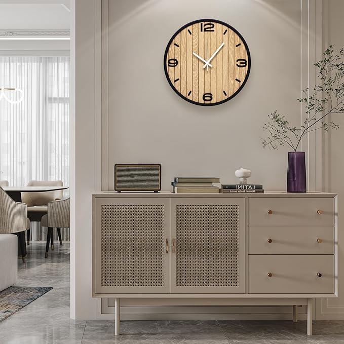 12 Inch Wooden Round Wall Clock Battery Operated, Silent Non-Ticking Analog Clocks with Seconds Hand Modern Art Decorative for Office, Home, Living Room, Kitchen, Bedroom, Entryway