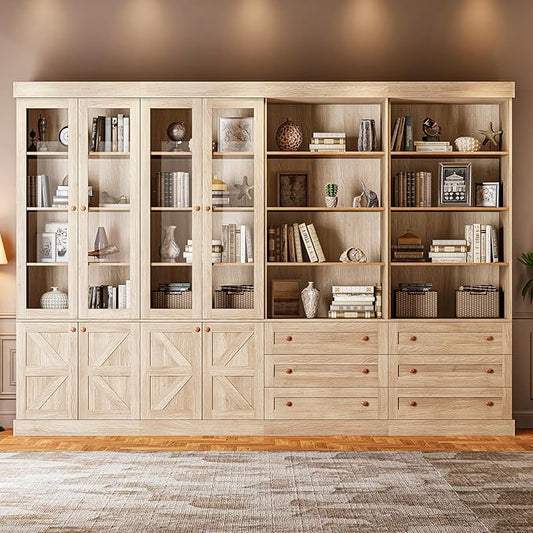 Vyre 71" Tall Farmhouse Kitchen Pantry, Large Storage Cabinets with Glass Doors, Freestanding Wood Hutch Cabinet with 3 Drawers &amp; Adjustable Shelves for Living Room &amp; Dining Room, Set of 4, Brown