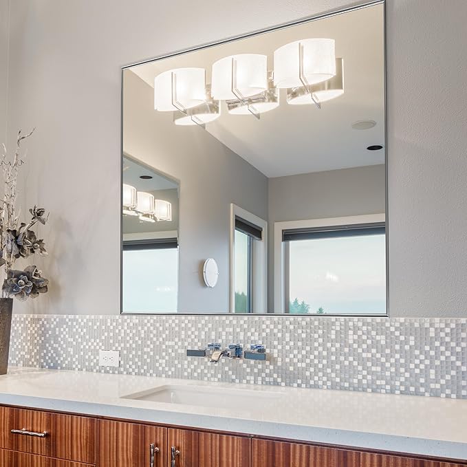 Frame My Mirror Silver Metal Framed Mirror, 30" x 54" Mirror for Bathroom, Metal Frame, True Reflections Glass, Satin Nickel Finish, Stanton Design, Hangs Horizontally or Vertically, Made in USA