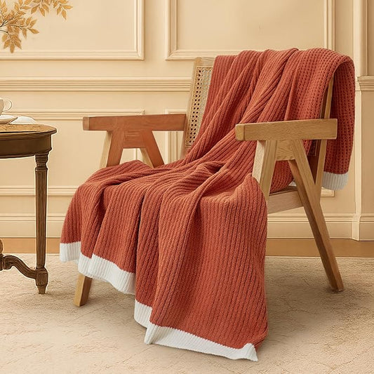 Amélie Home Waffle Throw Blanket for Couch, Soft Cozy Chenille Knit Blanket Warm Decorative Throw for Sofa, 50"x60", Burnt Orange