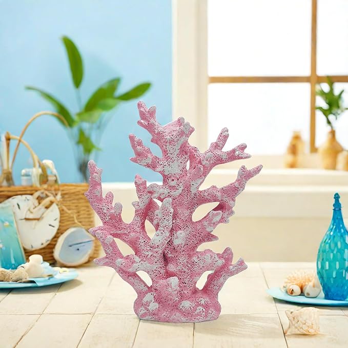 Beach Coastal Decor Coral Reef Home Decor Coral Statue Sculpture Home,Desk,Bathroom,Desktop Shelf Statue,Marine Themed Gifts (Pink Coral)