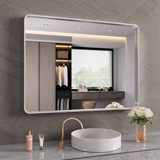 Brushed Nickel Bathroom Mirror 40x30 Inch, Brushed Silver Metal Frame Mirror Wall Mounted, Rounded Rectangle Bathroom Vanity Mirror, Tempered Glass, Anti-Rust, Horizontal/Vertical