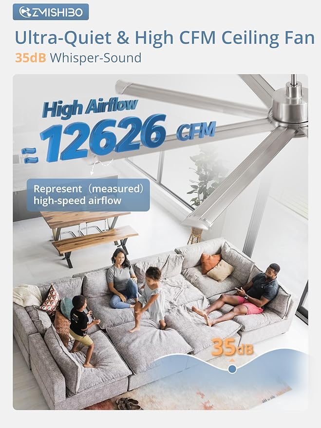 ZMISHIBO 84 Inch Ceiling Fans with Lights, Indoor/Outdoor Industrial Ceiling Fan with 8 Aluminum Reversible Blade, Quiet DC Motor, 3CCT & 6-Speed Remote Control, Damp Rated for Living Room/Garage/Shop