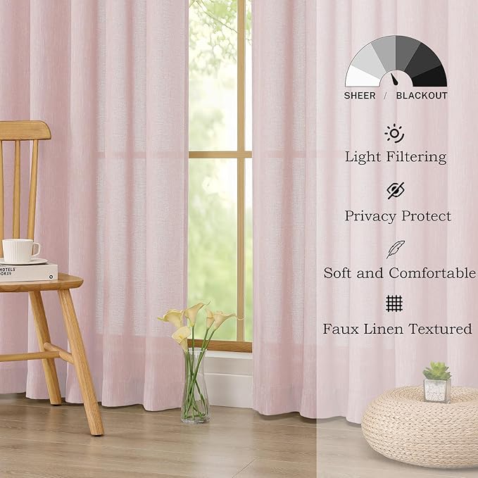 Simplebrand Blush Semi Sheer Faux Linen Textured Curtains 84 Inches Long 2 Panels, Light Filtering Farmhouse Bedroom Curtains, Farmhouse Rod Pocket Soft Thick Window Drapes for Living Room, 50Wx84L