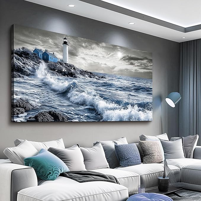 ZUITINGHUA Large Wall Decor For Living Room Canvas Wall Art For Office Modern Wall Decorations For Bedroom Wave Landscape Painting Watch Tower Pictures Artwork Room Home Decor 24x48 In