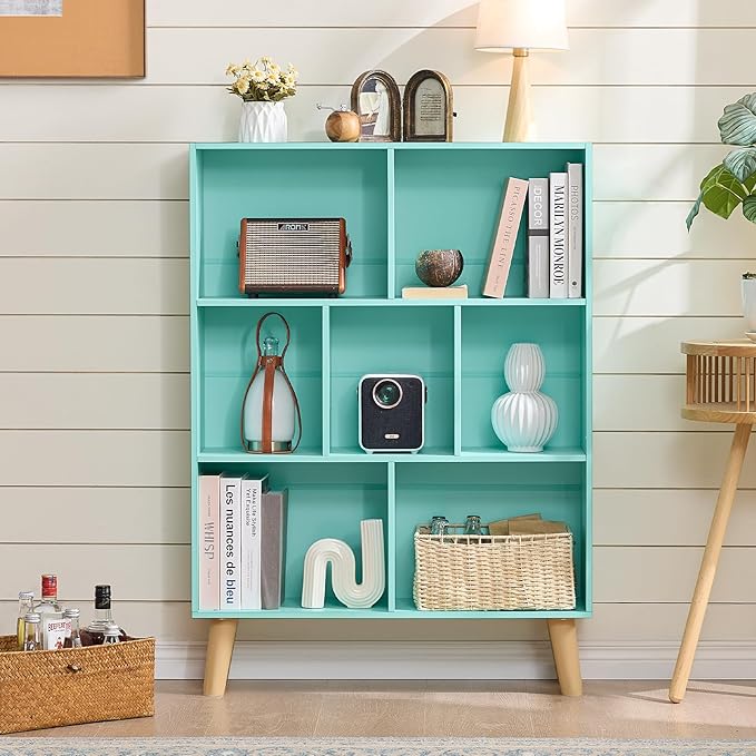 LEYAOYAO 7 Cube Bookshelf 3-Tier Bookcase with Legs, Mint-Green Kids Book Shelf Cute Storage Organizer, Toy Shelves Bookshelfs,Wood Display Bookcases