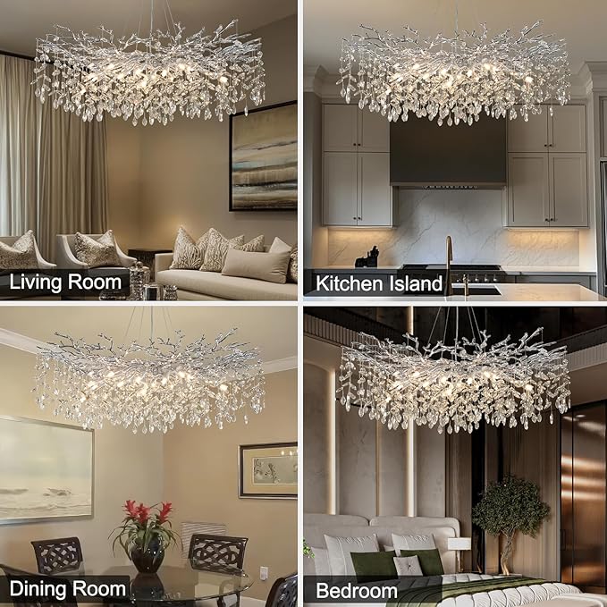 YUYI Modern Crystal Chandelier, 47" Silver Tree Branch Chandelier for Dining Room, 18-Light Round Raindrop Chandeliers for Living Room, Foyer, Entryway, Bedroom, Kitchen, Luxury Top K9 Light Fixture
