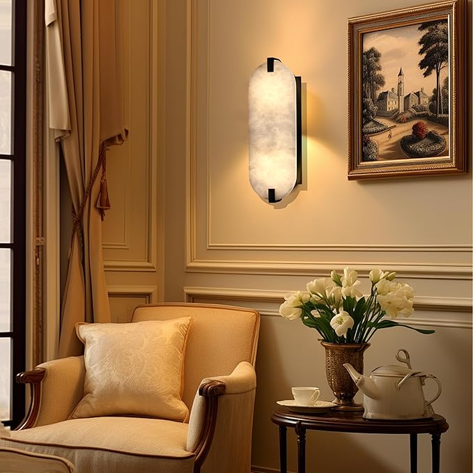 2 Light 15.63" Natural Oval Alabaster Marble Bathroom Wall Sconce Modern Concise Style Wall Light Fixture,Black Finish for Bedroom Hallway Bedside Living Room