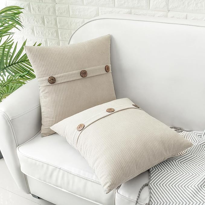 HWY 50 Beige Chenille Throw Pillow Covers 18x18 Inch with Triple Buttons, Soft Farmhouse Accent Decorative Cushion Cases for Couch Sofa Bed Living Room Bedroom Pack of 2