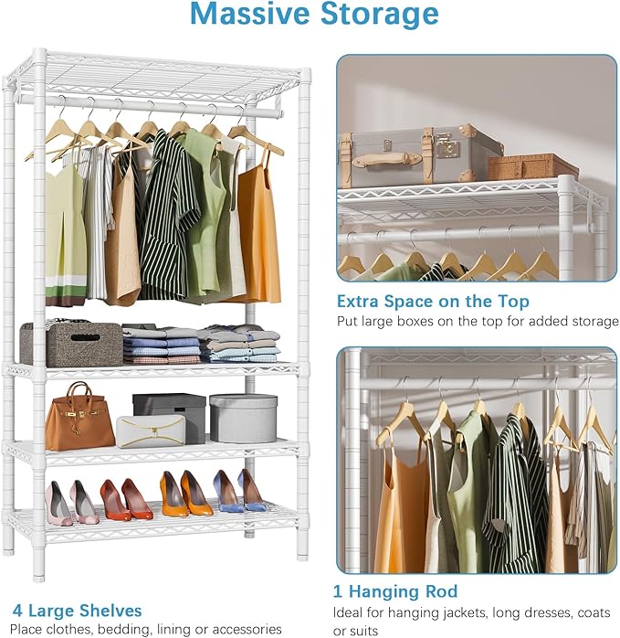 VIPEK V1 Wire Garment Rack 4 Tiers Heavy Duty Clothes Rack for Hanging Clothes Freestanding Closet Clothing Rack with 4 Adjustable Shelves, 35.4" LX 15.7" WX 70.9" H, Max Load 500LBS, White
