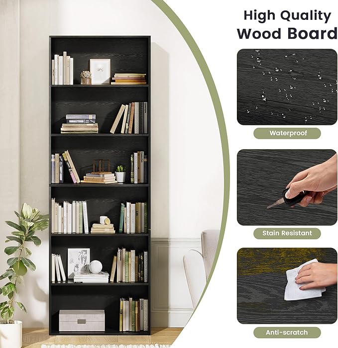 71" Tall Bookcase, 6-Tier Open Display Storage Shelves, Floor Standing Large Book Shelf for Living Room, Home Office, Bed Room, Black