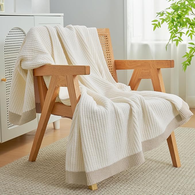 Amélie Home Waffle Blanket Queen Size for Bed, Soft Cozy Chenille Knit Blanket Warm Decorative for Bedroom, 90"x90", Ivory