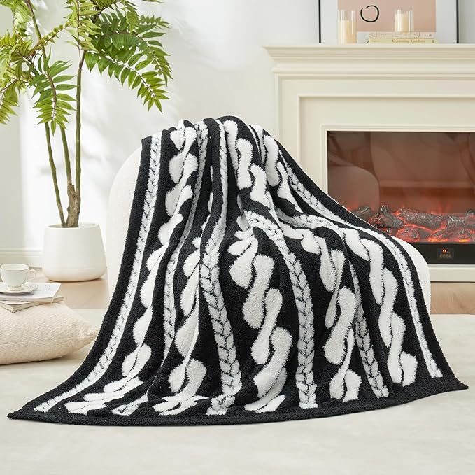 Amélie Home Cable Knit Throw Blanket for Couch, Bicolour Super Soft Cozy Fuzzy Plush Throws for Sofa, 50" x 60", Cable Black &amp; White