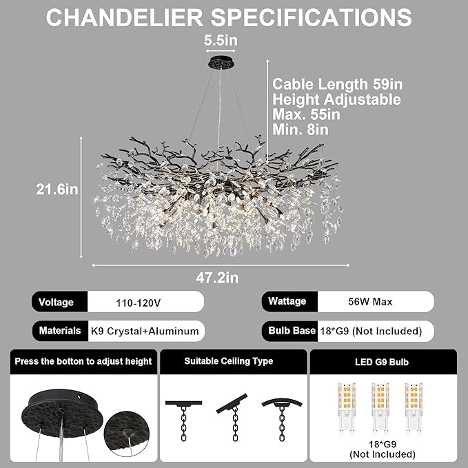 YUYI 47" Black Crystal Chandelier, 18-Light Modern Tree Branch Chandelier for Dining Room, Luxury Round K9 Raindrop Chandeliers Light Fixture for Living Room, Foyer, Entryway, Kitchen, Bedroom