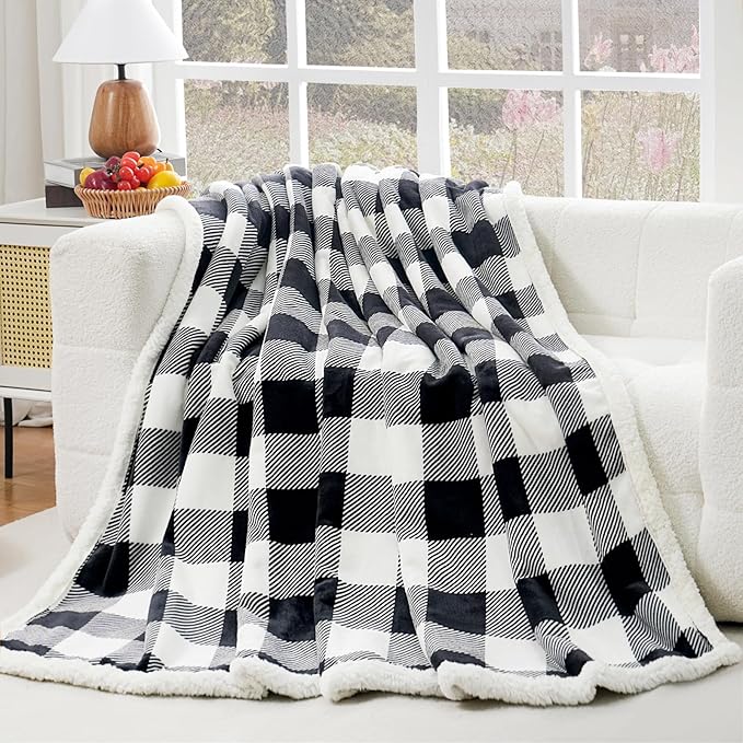 PU MEI Sherpa Fleece Throw Blanket 80" x 90" Reversible Plush Fluffy Large Big Blanket Lattice Flannel Blankets for All Season Use, Black and White