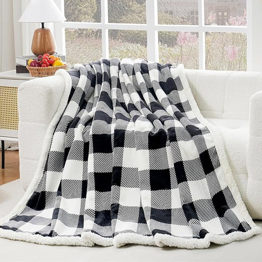 PU MEI Sherpa Fleece Throw Blanket 80" x 90" Reversible Plush Fluffy Large Big Blanket Lattice Flannel Blankets for All Season Use, Black and White