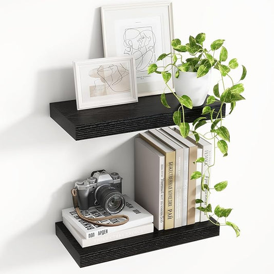 16 Inch Floating Shelves, 8 Inch Deep Floating Shelves for Wall, Hanging Shelf with Invisible Brackets, Deep Shelves for Bathroom, Bedroom, Living Room, Black, Set of 2