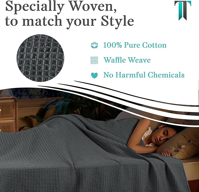 Tex Trend 100% Cotton Blanket – Soft and Breathable Twin XL Gray Waffle Blanket – All Season Comfort – Suitable for Bed Layering, Sofa, Couch - Gray (60”x90”)