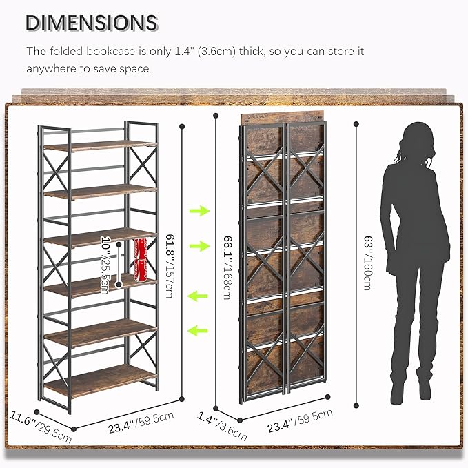 4NM 6 Tiers No Assembly Book Shelves, 61.8" H Folding Bookshelf Bookcase Open Industrial Foldable Shelves for Bedroom, Living Room, Home Office - Rustic Brown Black