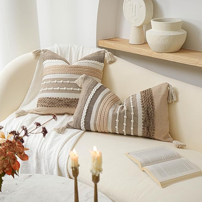 Fall Brown Decorative Throw Pillow Cover 18x18 Square Boho Accent Pillowcase Tassels Farmhouse Cushion for Couch Sofa Bedroom Livingroom Home Décor Cover ONLY (Pack of 1)