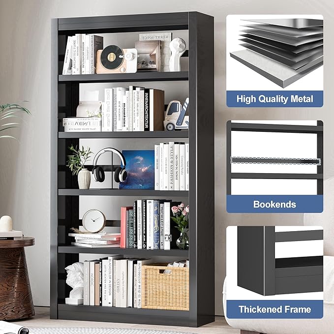 Metal Bookshelf Adjustable - 61" Tall Black Bookcase, 5 Tier Book Shelf, Toothless Assembly Book Case, Modern Bookshelfs and Bookcases for Home Office, Living Room, Bedroom, Library