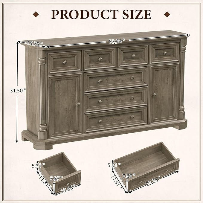 Yechen Buffet Cabinet with Drawers, 54" Large Sideboard Buffet Cabinet with 7 Drawers and 2 Doors, Farmhouse Solid Wood Sideboard for Kitchen, Living Room, Gray