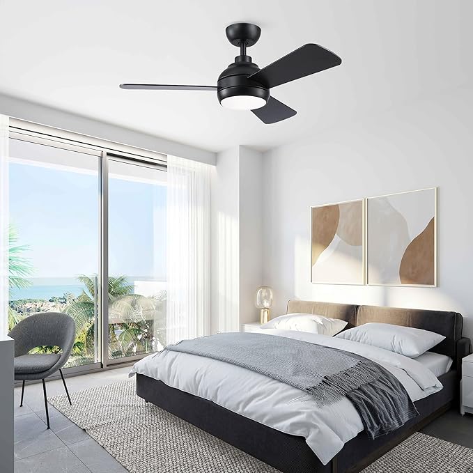 42 Inch Ceiling Fans with Lights, Black Ceiling Fan with Light and Remote Control, Reversible, 6 Speeds, 3CCT, Dimmable, Modern LED Ceiling Fan for Bedroom, Indoor/Outdoor