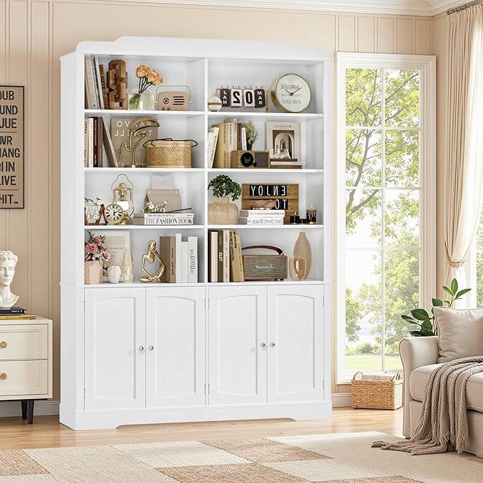 73.1" Tall Bookcase and Bookshelf, Wide Bookshelf with Doors and Adjustable Shelves, 6 Tier Large Bookshelf with Storage, Tall Storage Cabinet for Living Room, Home Office, White