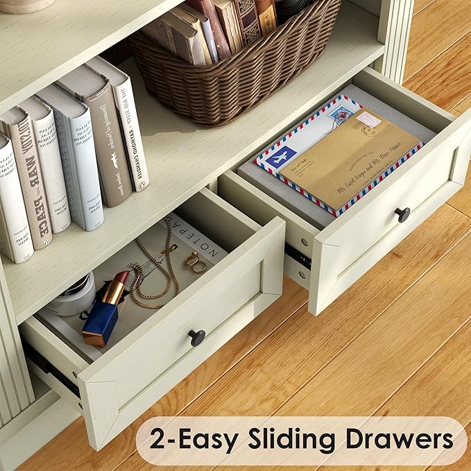 71'' Tall Arched Bookcase with Stroage of 2 pcs, Farmhouse 5-Tier Arch Bookshelf with Drawers, Freestanding Book Shelf with Adjustable Shelf and Roman Column Pattern for Home Office (2, White)