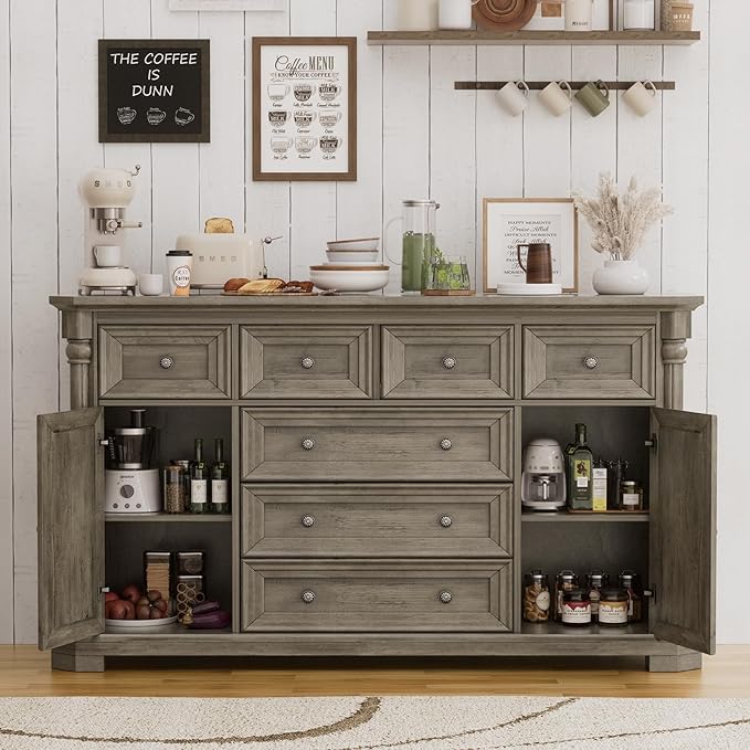 Yechen Buffet Cabinet with Drawers, 54" Large Sideboard Buffet Cabinet with 7 Drawers and 2 Doors, Farmhouse Solid Wood Sideboard for Kitchen, Living Room, Gray