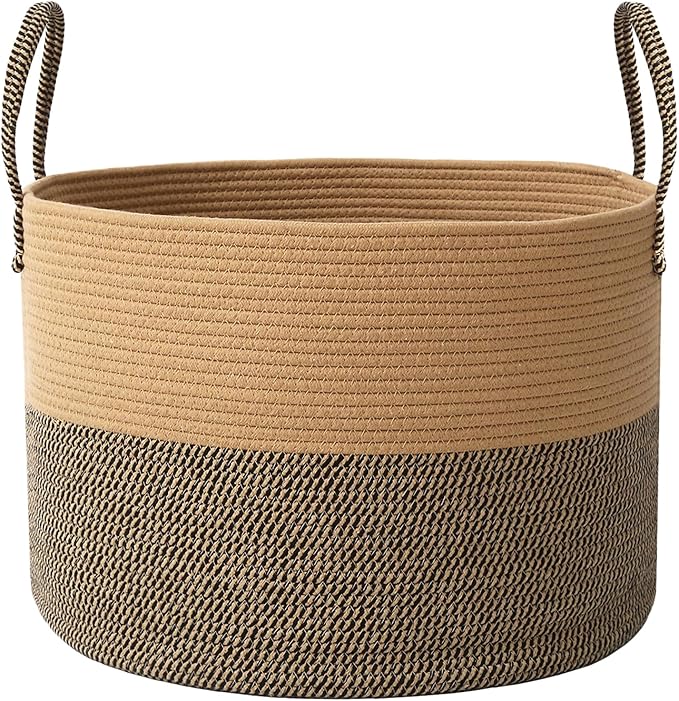Woven Blanket Basket,65L Large Rope Storage Bin with Handles, Organizer for Blankets Toys Book and Clothes, Laundry Basket for Living Room Bedroom Nursery,Jute&amp;Black