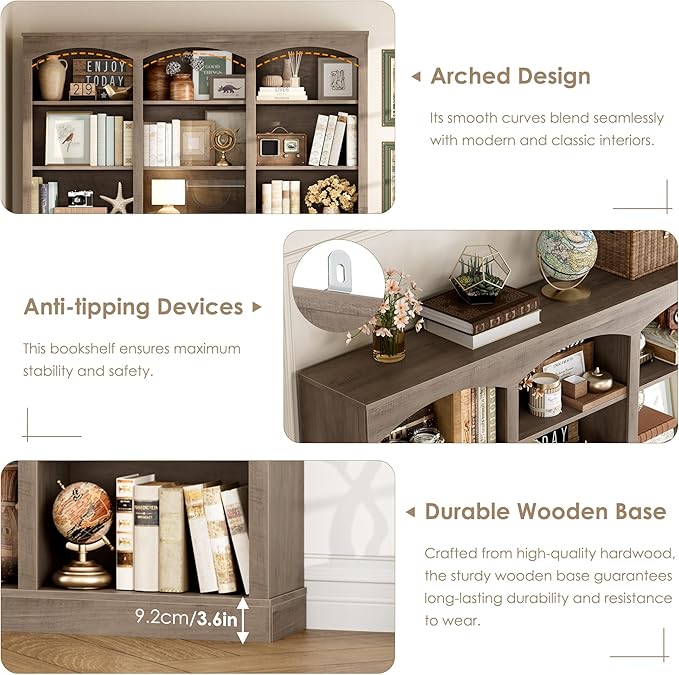 71" Triple Wide Bookshelf, 6 Tier Tall Bookshelf, Large Bookcase with Curved Baffle, 63.4" Wide Book Shelf with 18 Open Display Shelves for Living Room, Study, Gray