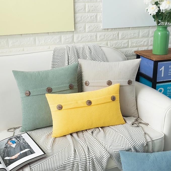 HWY 50 Beige Chenille Throw Pillow Covers 18x18 Inch with Triple Buttons, Soft Farmhouse Accent Decorative Cushion Cases for Couch Sofa Bed Living Room Bedroom Pack of 2