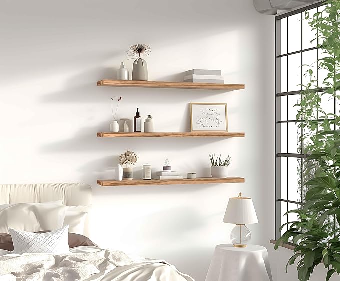 36 Inch Light Wood Floating Shelves for Wall Rustic Wall Shelf for Bedroom Living Room Set of 4