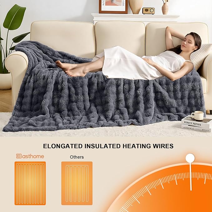 Heated Blanket Electric Throw Blanket 62''X 84''-Heating Blanket with 6 Heat Settings-4/10 Hours Auto Off,Cozy Faux Rabbit Fur Bubble Electric Blanket,Dark Gray