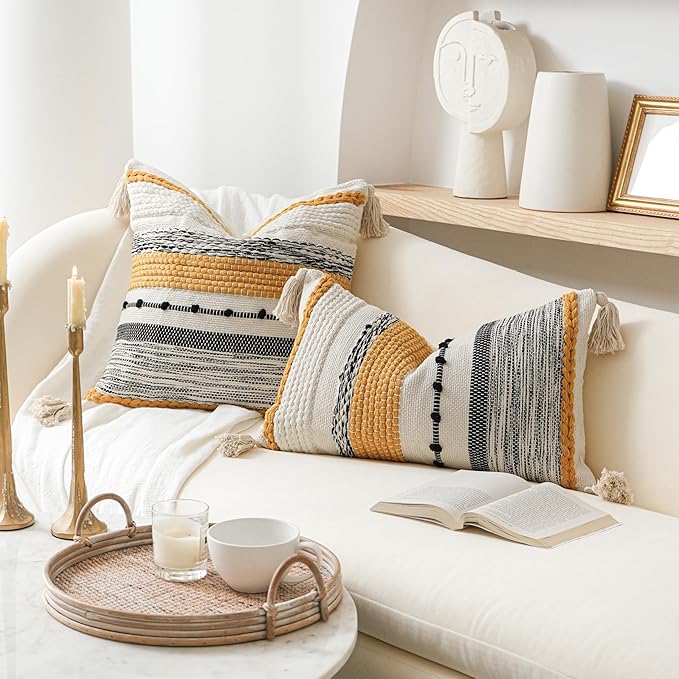 Fall Boho Decorative Throw Pillow Cover 22x22 Square Yellow Mustard Accent Pillowcase Tassels Farmhouse Cushion for Couch Sofa Bedroom Living Room Home Décor Cover ONLY (Pack of 1)