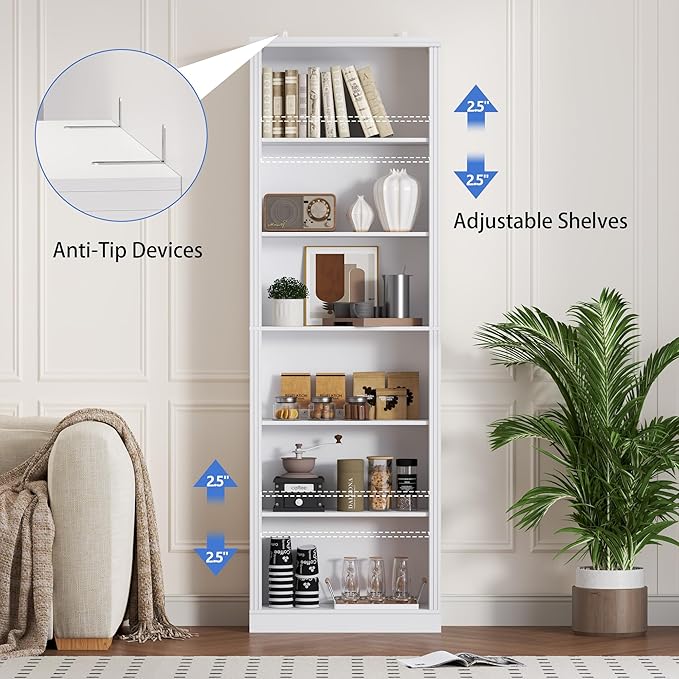 75" Tall Bookshelf, 6-Tier Floor Standing Bookcase with Adjustable Shelves, 24" Wide Open Storage Shelf, Modern Display Organizer for Home Office, Living Room, Bedroom, Study