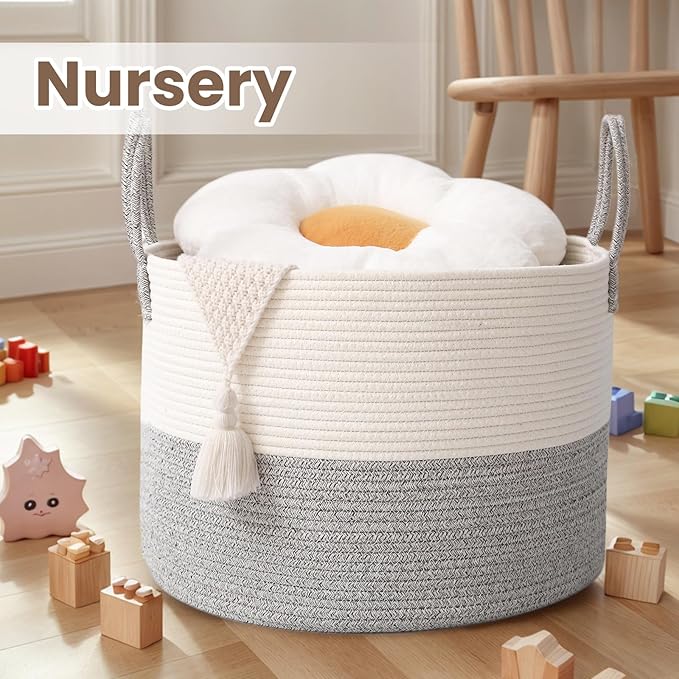 Woven Blanket Basket,115L Large Rope Storage Bin with Handles, Organizer for Blankets Toys Book and Clothes, Laundry Basket for Living Room Bedroom Nursery,White&amp;Grey