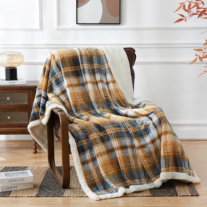 PU MEI Sherpa Blanket Twin Plaid Thick Bed Blanket, 60”*80” Super Soft Flannel Fuzzy Fleece Reversible Velvet Plush Warm Blanket for Couch (Blue Yellow Check)