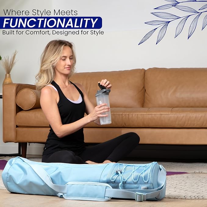 Large Yoga Mat Bag for Men & Women | Premium, Waterproof, Bottle Pocket, Ventilation & Padded Adjustable Strap | Stylish and Sky Blue Yoga Mat Carrying Bag | Great for Gym & Travel Use