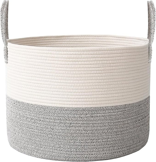 Woven Blanket Basket,65L Large Rope Storage Bin with Handles, Organizer for Blankets Toys Book and Clothes, Laundry Basket for Living Room Bedroom Nursery,White&amp;Grey