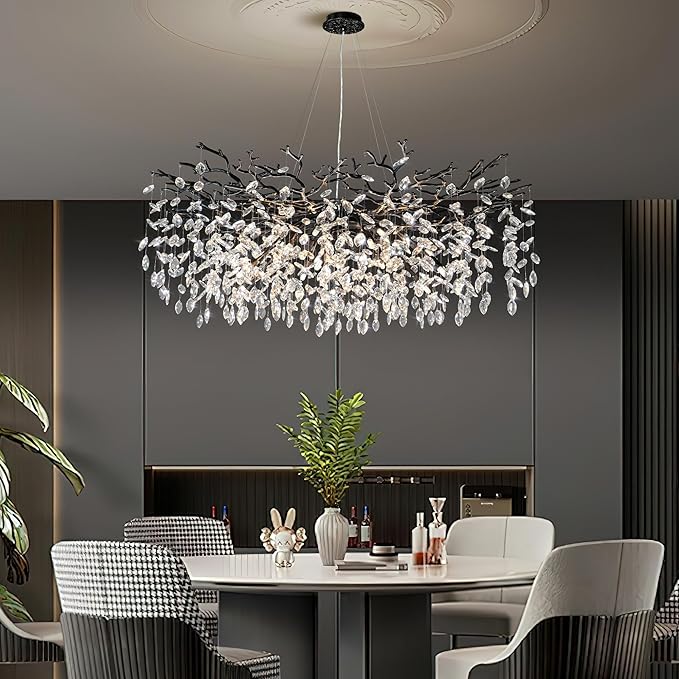YUYI 47" Black Crystal Chandelier, 18-Light Modern Tree Branch Chandelier for Dining Room, Luxury Round K9 Raindrop Chandeliers Light Fixture for Living Room, Foyer, Entryway, Kitchen, Bedroom