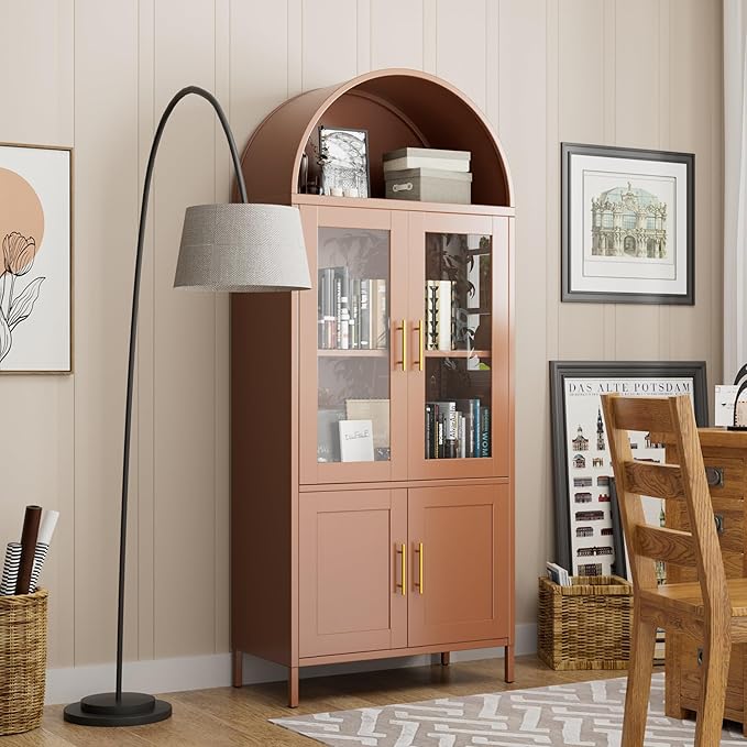 Metal Arched Storage Cabinet, Arch Bookcase with Glass Doors, Modern Freestanding Kitchen Pantry Cabinet for Home Office Bar Living Room