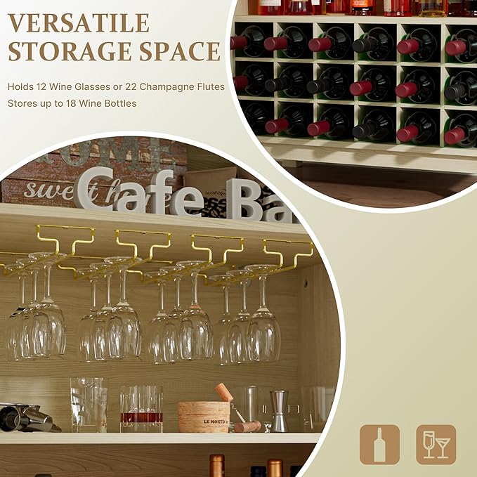 BREEZEHEAT Arched Cabinet with Glass Doors, 70" Tall Bar Cabinet Farmhouse Whiskey Station with Wine Rack and Glasses Holder, Liquor Bar Cabinet for Home Kitchen Living Dining Room, Light Oak