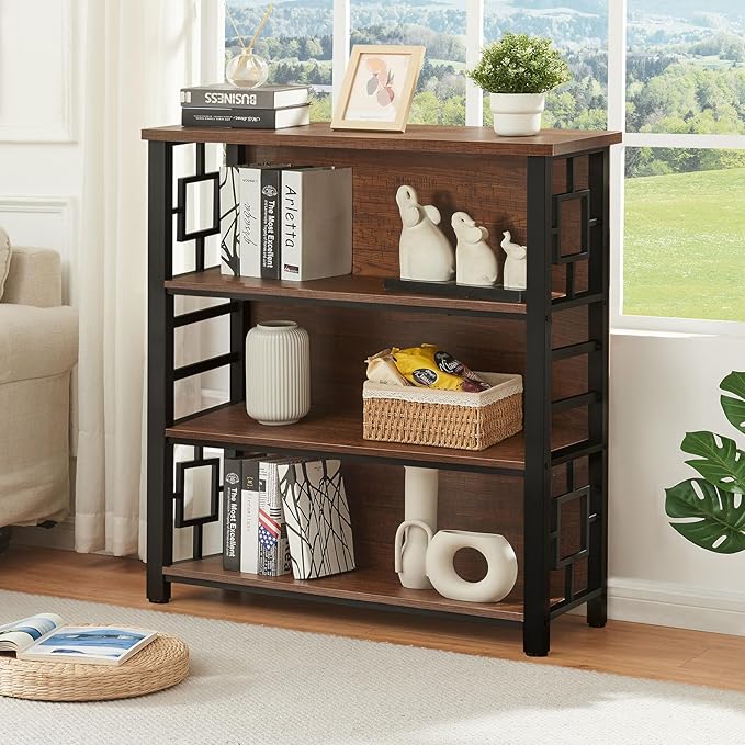 HOMISSUE Book Shelf, 4 Tier Deep Bookshelf with Storage, Engineered Wood and Metal Shelf Bookcase, Low Short Bookcases for Small Space, Living Room, Bedroom, Office, Rustic Brown