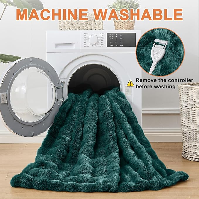Heated Blanket Electric Throw Blanket 72''X 84''-Heating Blanket with 6 Heat Settings-4/10 Hours Auto Off,Cozy Faux Rabbit Fur Bubble Electric Blanket,Dark Green